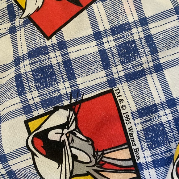 Vintage 1995 Looney Tunes Warner Bros. Character Plaid Blue WhiteTwin Flat Sheet - Picture 3 of 10